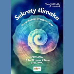 Plakat w odcieniach niebieskiego z muszlą ślimaka