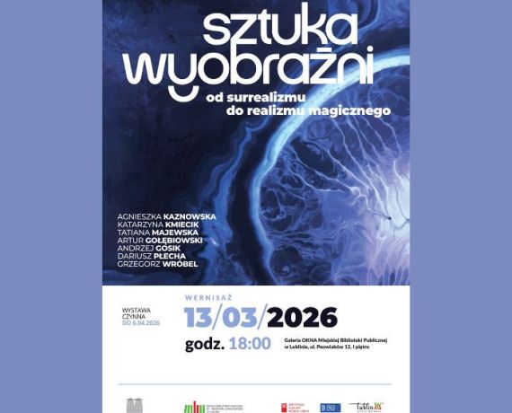Plakat w odcieniach niebieskiego z abstrakcyjną grafiką promujący wystawę 