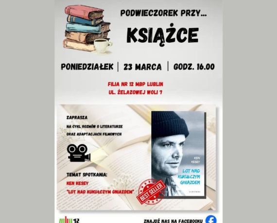 Plakat promujący spotkanie, na nim okładka książki 