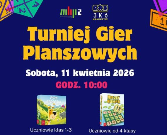 Fragment plakatu promującego Turniej Gier Planszowych - z fotografiami gier
