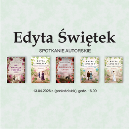 Na miętowym tle duży napis Edyta Świętek i pięć okładek jej książek