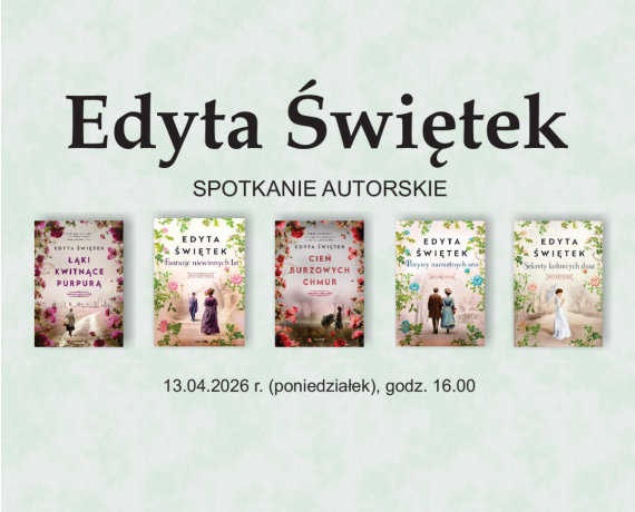 Na miętowym tle duży napis Edyta Świętek i pięć okładek jej książek