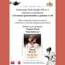 Plakat promujący spotkanie DKK - w centralnym miejscu okładka książki "Pani Dalloway"