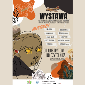 Plakat promujący wystawę "Od ilustratora do czytelnika" - zarys kobiecej twarzy, abstrakcyjne formy
