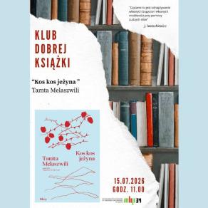 Plakat Klubu Dobrej Książki - błękitno-czerwona okładka książki "Kos kos jeżyna"