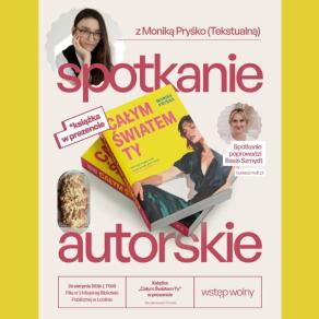 Plakat promujący spotkanie autorskie - zdjęcia prowadzącej i autorki, w centralnym miejscu książka