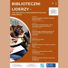 Plakat informujący o szkoleniach z cyklu "Biblioteczni liderzy"