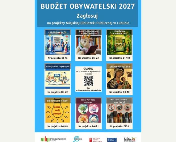 Plakat informujący o projektach MBP Lublin w ramach Budżetu Obywatelskiego