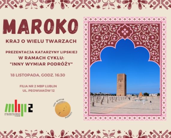Grafika promująca prelekcję o Maroku