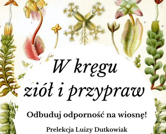 na białym tle napis, wokół narysowane zioła