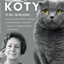 Na szarym tle puchaty kot i portret Wisławy Szymborskiej