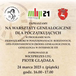 Na beżowym tla napisy zapraszające na  warsztaty genealogiczne