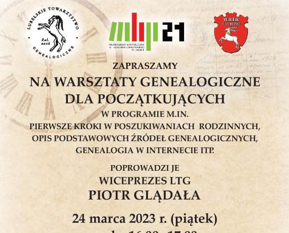 Na beżowym tla napisy zapraszające na  warsztaty genealogiczne