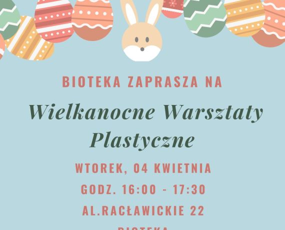 Na niebieskim tle głowa zajączka, pisanki i tekst