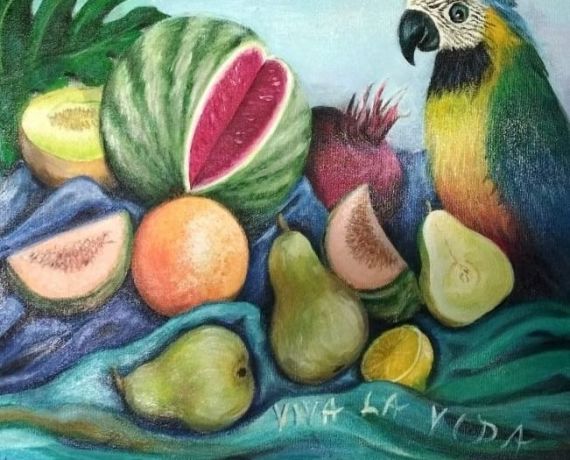 Papuga i owoce - kolorowy pastel