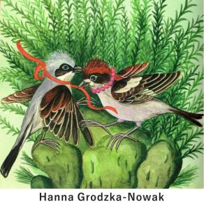 Ilustracja na plakacie wystawy Hanny Grodzkiej-Nowak przedstawiająca dwa małe ptaki