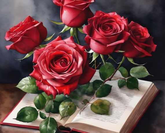 rozłożona książka i róże