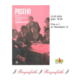 Okładka książki "Posełki" - czarno-białe zdjęcie przedstawiające grupę kobiet, różowe tło