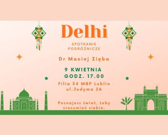 Grafika z hinduskimi akcentami promująca spotkanie podróżnicze wokół Delhi