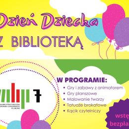 Fragmenty plakatu promującego festyn w Filii nr 7 MBP