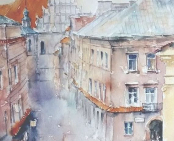 Obraz akwarelowy przedstawiający fragment lubelskiego Starego Miasta
