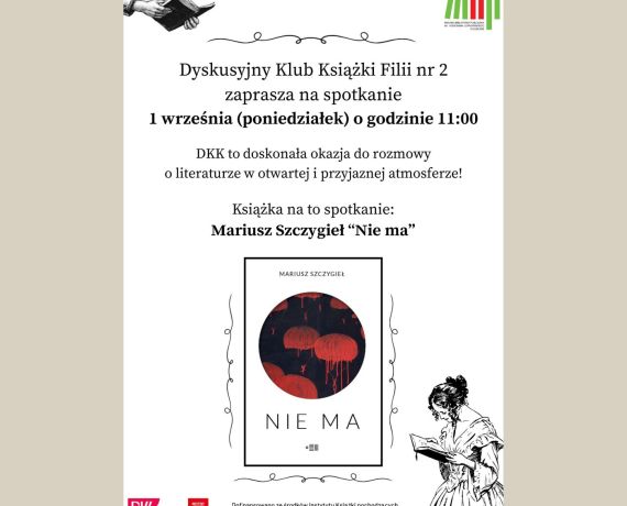 Plakat promujący wrześniowe spotkanie DKK - w centrum okładka książki 