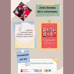 Kolorowy plakat w formie kolażu promujący spotkanie autorskie