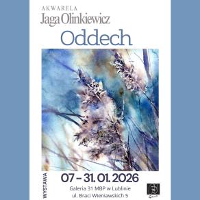 Plakat promujący wystawę "Oddech" - obraz prezentujący naturę w odcieniach błękitów i fioletów 