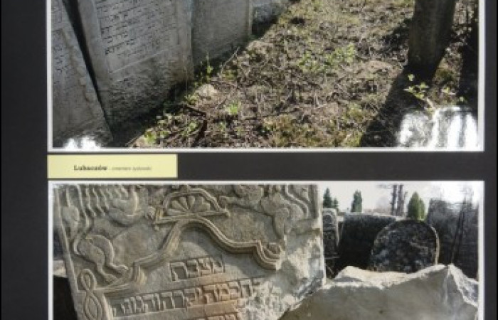 Zdjęcie na górze: rząd kamiennych macew, zdjęcie na dole: zniszczone kamienne macewy.