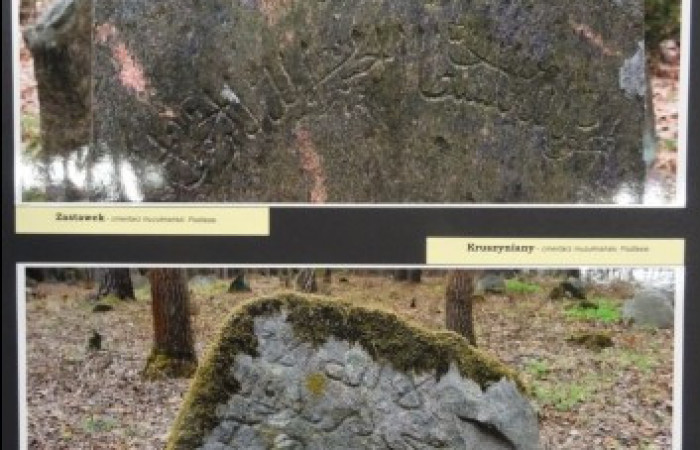 Zdjęcie na górze: fragment kamiennego nagrobka, z symbolem gwiazdy i półksiężyca, zdjęcie na dole: porośnięty mchem nagrobek muzułmański.  